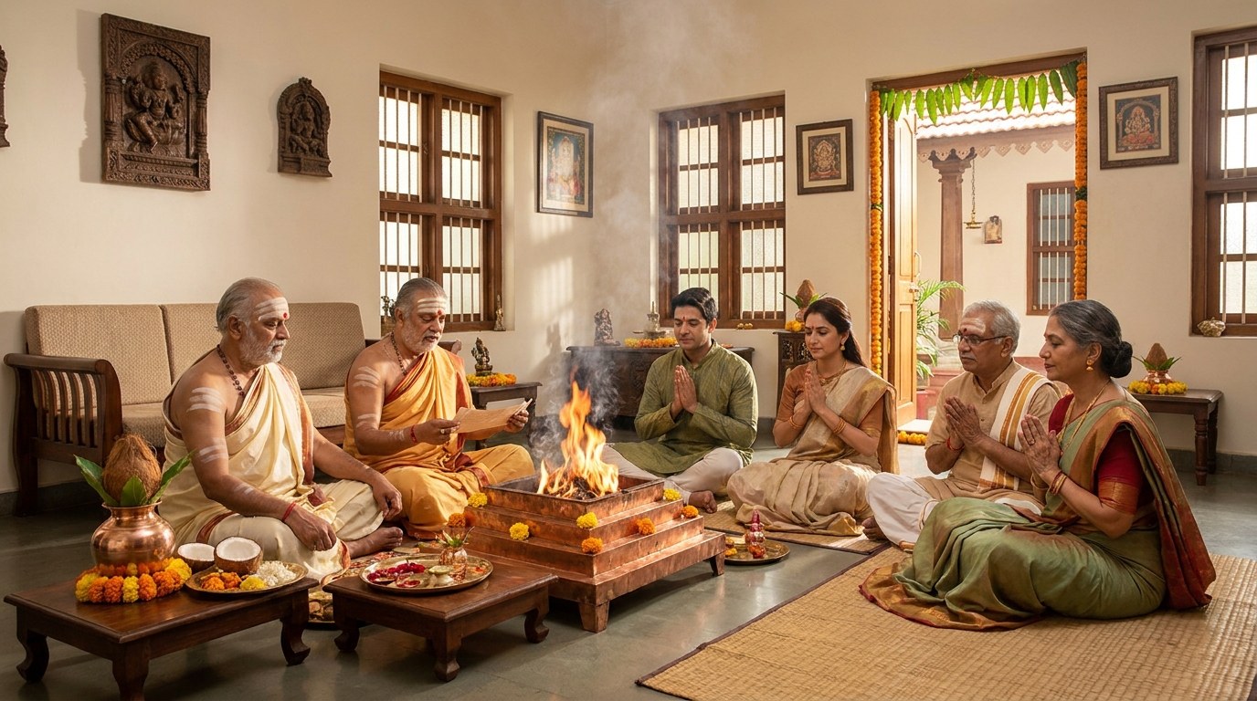 Griha Shanti Vedic Fire Ritual performed by revered Vedic priests with householder family sitting before the sacred copper Havan Kunda