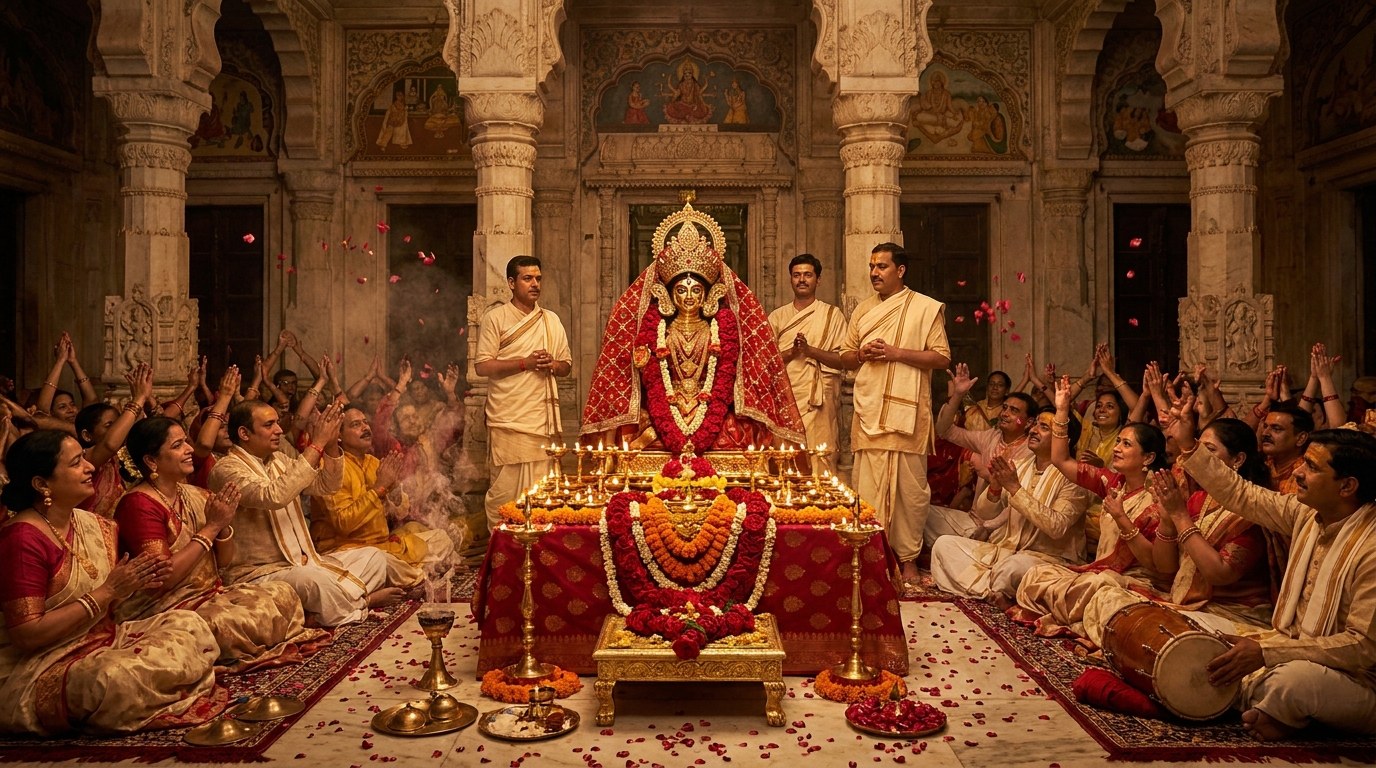 Grand Devi Darbar Mata Ki Chawki with consecrated golden idols, flaming brass lamps, and traditional devotees singing hymns