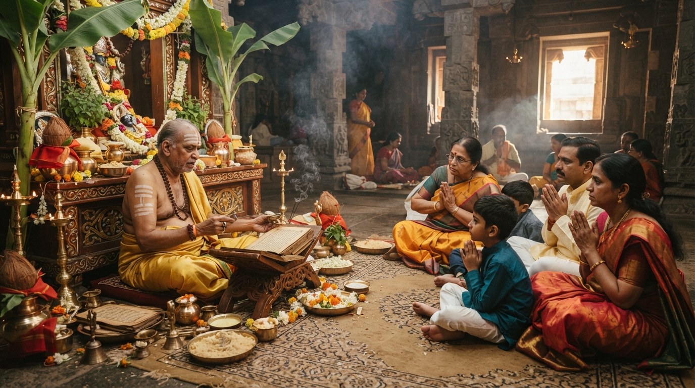 Sri Satyanarayan Puja being solemnized with sacred scriptures and traditional banana leaf mandap